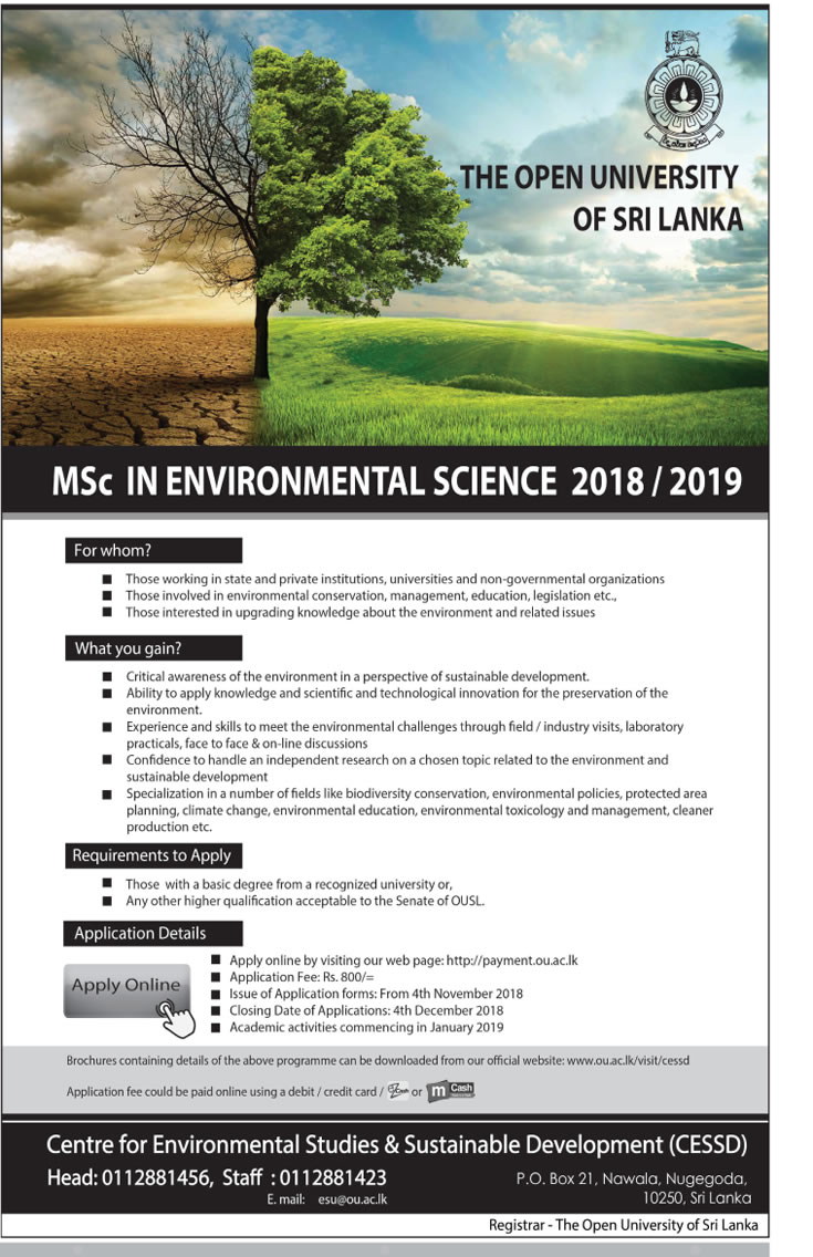 MSc in Environmental Science 2018/2019 - The Open University of Sri Lanka